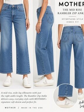 MOTHER The Rambler Mid Rise Zip Ankle Jeans Size 26 Blue Wide Leg